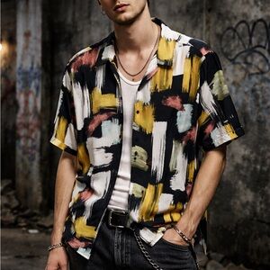PAC Sun Short-Sleeve Brushstroke Print Shirt - Black with Yellow & White Y2K